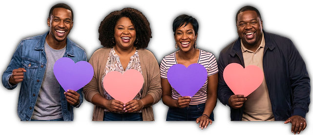 Four people smiling, each holding a pink or purple paper heart
