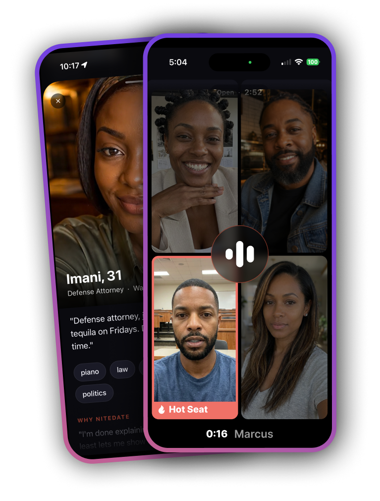 The NiteDate app — a contestant's profile alongside a live show with the 2×2 video grid and the hot seat highlighted