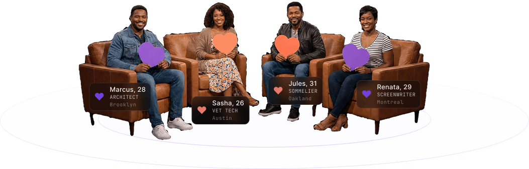 Tonight's four contestants — Marcus, Sasha, Jules and Renata — seated, each holding a coral or purple heart